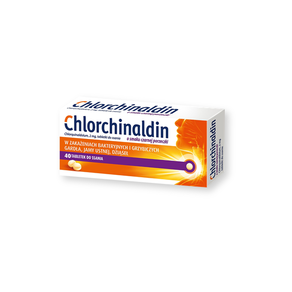 Chlorchinaldin, 2 mg, tabletki do ssania o smaku czarnej porzeczki, 40 szt. Chlorchinaldin, 2 mg, tabletki do ssania o smaku czarnej porzeczki, 40 szt. - zdjęcie produktu