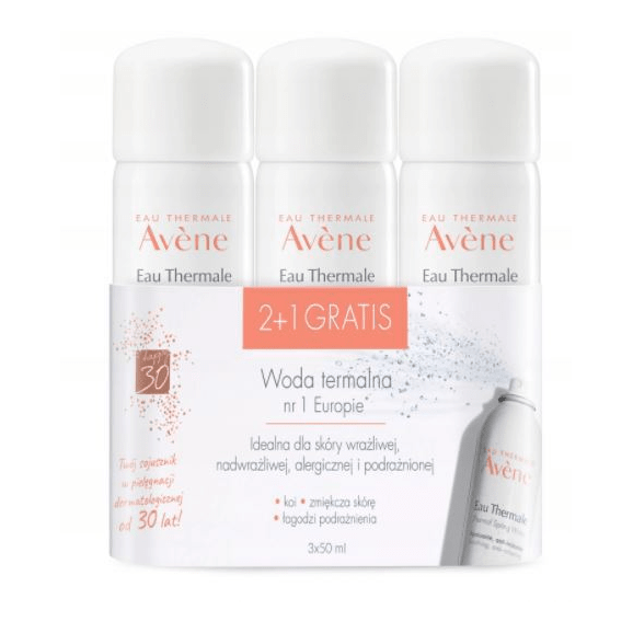 Avene, woda termalna, do ciała i twarzy, pielęgnacja skóry wrażliwej, alergicznej i podrażnionej, 50 ml, 2+1 GRATIS Avene, woda termalna, do ciała i twarzy, pielęgnacja skóry wrażliwej, alergicznej i podrażnionej, 50 ml, 2+1 GRATIS - zdjęcie produktu