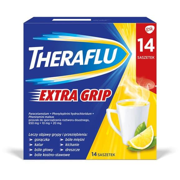 Theraflu Extra Grip 650 mg + 10 mg + 20 mg Lek wieloskładnikowy, saszetki, 14 szt. Theraflu Extra Grip 650 mg + 10 mg + 20 mg Lek wieloskładnikowy, saszetki, 14 szt. - zdjęcie produktu