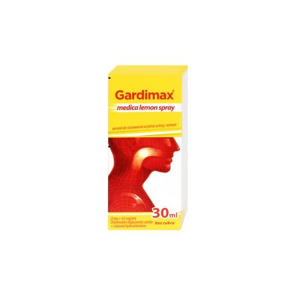Gardimax medica lemon spray, aerozol do stosowania w jamie ustnej, 30 ml. Gardimax medica lemon spray, aerozol do stosowania w jamie ustnej, 30 ml. - zdjęcie produktu