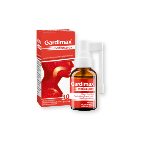Gardimax medica spray, (20 mg + 5 mg)/10 ml, aerozol do stosowania w jamie ustnej, 30 ml Gardimax medica spray, (20 mg + 5 mg)/10 ml, aerozol do stosowania w jamie ustnej, 30 ml - zdjęcie produktu