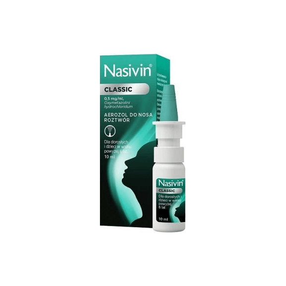 Nasivin Classic 0,5 mg/ml, aerozol do nosa, 10 ml Nasivin Classic 0,5 mg/ml, aerozol do nosa, 10 ml - zdjęcie produktu