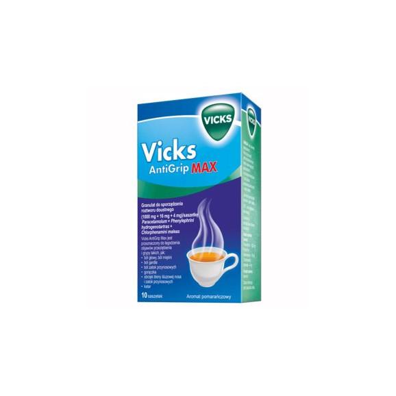 Vicks AntiGrip Max 1000 mg + 16 mg + 4 mg, granulat do sporządzania roztworu doustnego, 10 sasz. Vicks AntiGrip Max 1000 mg + 16 mg + 4 mg, granulat do sporządzania roztworu doustnego, 10 sasz. - zdjęcie produktu