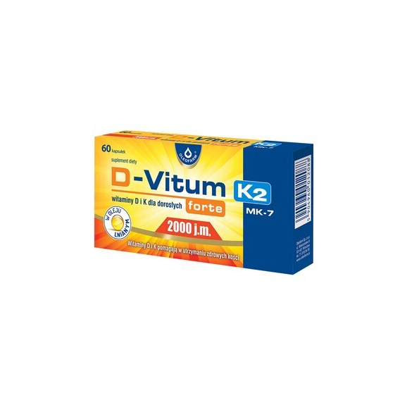 D-Vitum Forte 2000 j.m. K2 MK-7, witaminy D i K dla dorosłych forte, kapsułki, 60 szt. D-Vitum Forte 2000 j.m. K2 MK-7, witaminy D i K dla dorosłych forte, kapsułki, 60 szt. - zdjęcie produktu