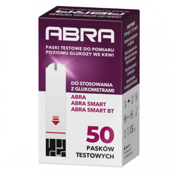 Abra, paski testowe do pomiaru poziomu glukozy we krwi, 50 szt. Abra, paski testowe do pomiaru poziomu glukozy we krwi, 50 szt. - zdjęcie produktu
