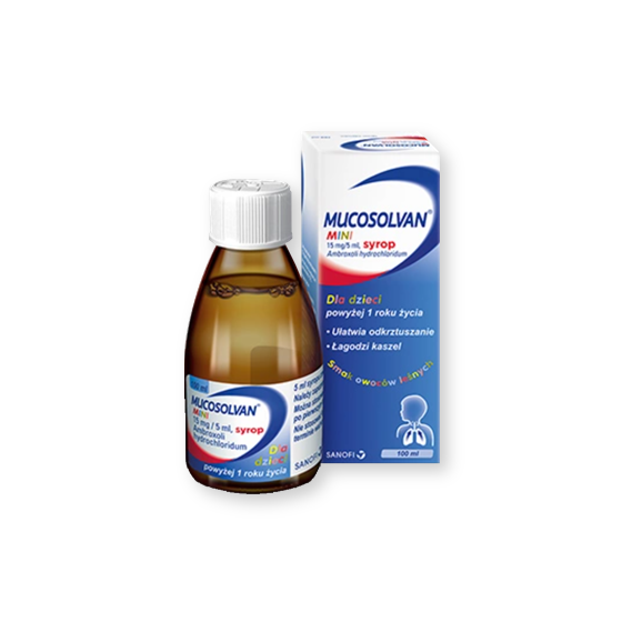 Mucosolvan Mini, (15 mg/5 ml), syrop, smak owoców leśnych, 100 ml Mucosolvan Mini, (15 mg/5 ml), syrop, smak owoców leśnych, 100 ml - zdjęcie produktu