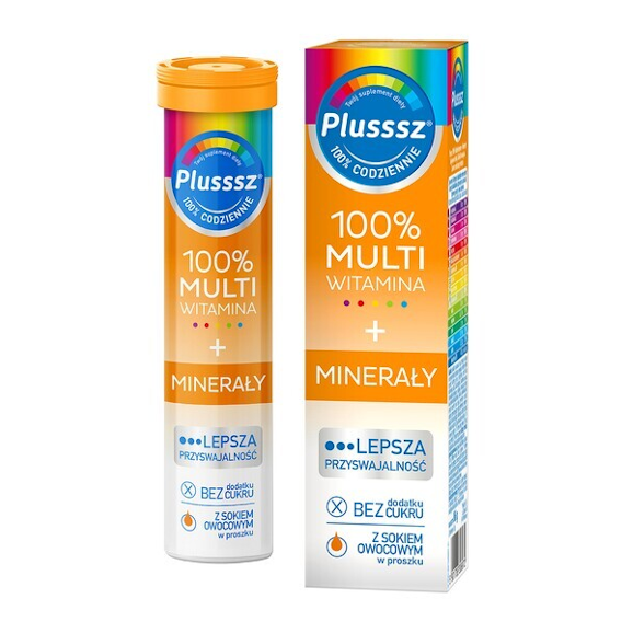 Plusssz 100% Multiwitamina + Minerały, tabletki musujące, 20 szt. Plusssz 100% Multiwitamina + Minerały, tabletki musujące, 20 szt. - zdjęcie produktu