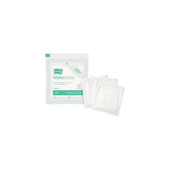 Matopat Matocomp, kompresy jałowe, 100% bawełny, 17-nitkowe, 12-warstwowe, 5 cm x 5 cm, 3 szt. Matopat Matocomp, kompresy jałowe, 100% bawełny, 17-nitkowe, 12-warstwowe, 5 cm x 5 cm, 3 szt. - zdjęcie produktu