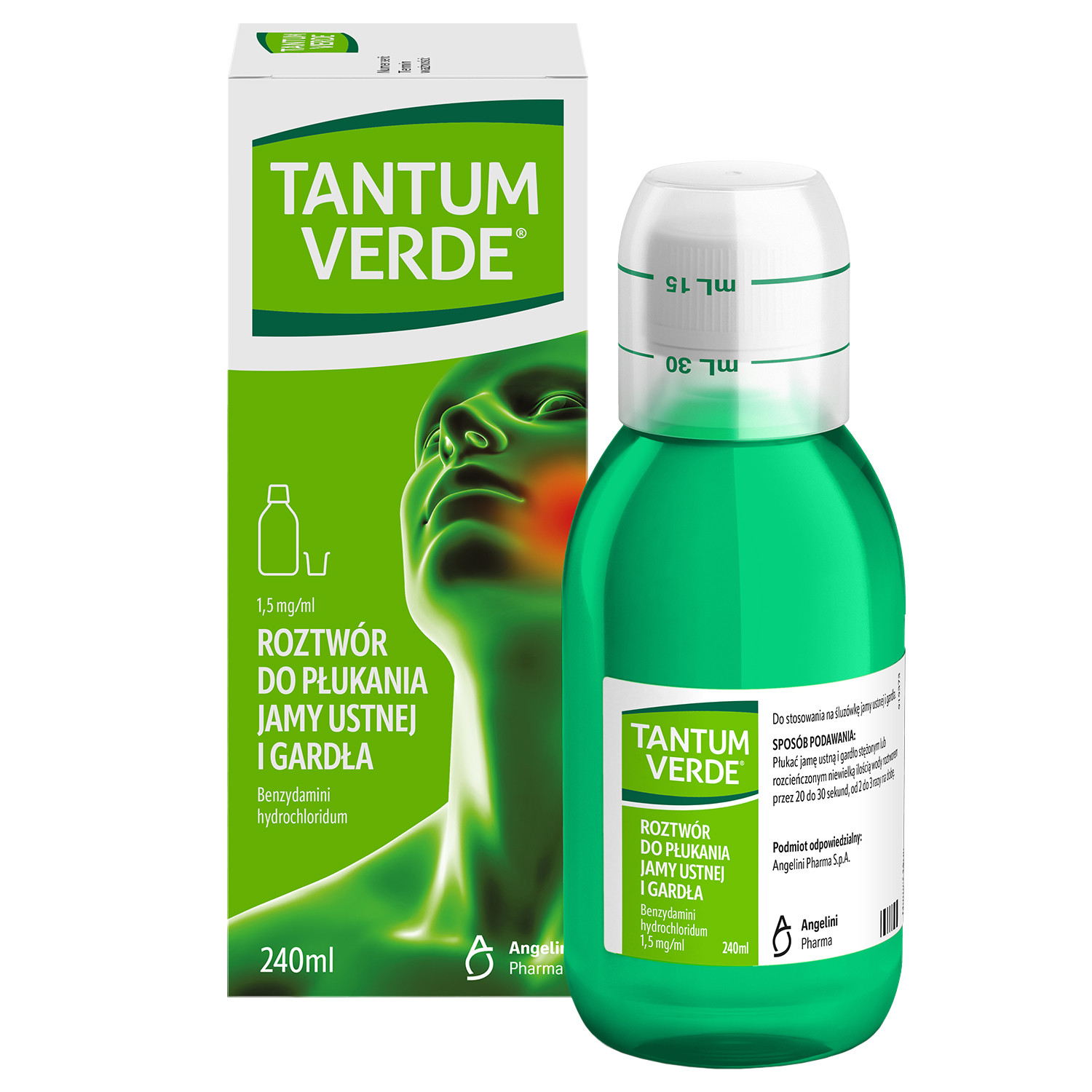 Tantum Verde 1,5 mg/ ml, roztwór do płukania jamy ustnej i gardła, 240 ml