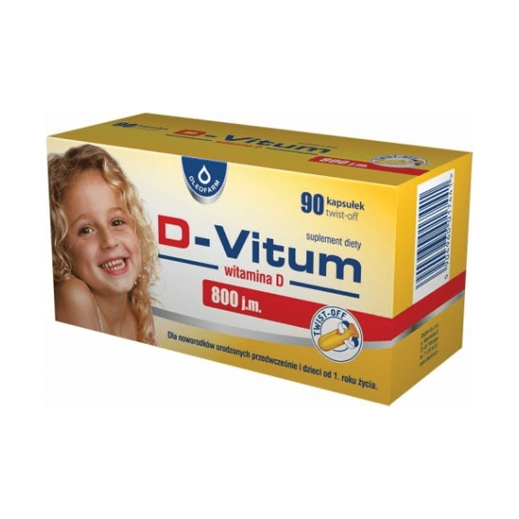 D-Vitum, witamina D dla dzieci, 800 j.m., kapsułki twist-off, 90 szt. D-Vitum, witamina D dla dzieci, 800 j.m., kapsułki twist-off, 90 szt. - zdjęcie produktu