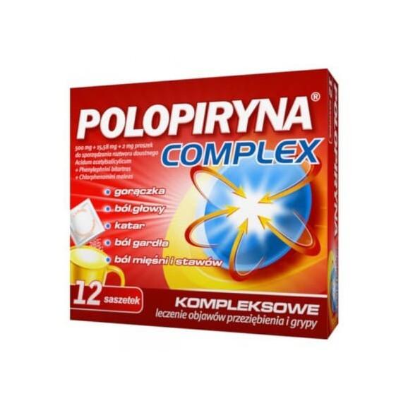 Polopiryna Complex 500 mg + 2 mg + 15,58 mg, proszek, saszetki, 12 szt. Polopiryna Complex 500 mg + 2 mg + 15,58 mg, proszek, saszetki, 12 szt. - zdjęcie produktu