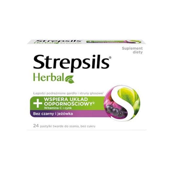 Strepsils Herbal, tabletki do ssania bez cukru, smak czarnego bzu i jeżówki, 24 szt. Strepsils Herbal, tabletki do ssania bez cukru, smak czarnego bzu i jeżówki, 24 szt. - zdjęcie produktu