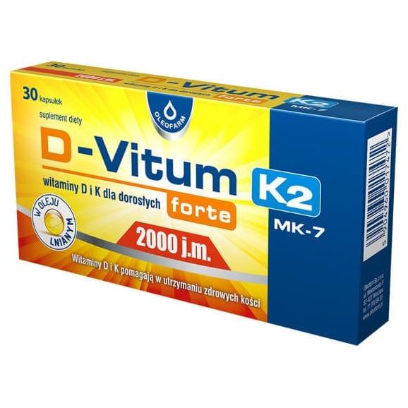 D-Vitum Forte 2000 j.m. K2 MK-7, witaminy D i K dla dorosłych, kapsułki, 30 szt. D-Vitum Forte 2000 j.m. K2 MK-7, witaminy D i K dla dorosłych, kapsułki, 30 szt. - zdjęcie produktu