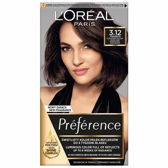 Farba do włosów L’Oréal Paris Preference, 3.12 Toronto INTENSYWNY CHŁODNY CIEMNY BRĄZ, 1 szt. Farba do włosów L’Oréal Paris Preference, 3.12 Toronto INTENSYWNY CHŁODNY CIEMNY BRĄZ, 1 szt. - zdjęcie produktu
