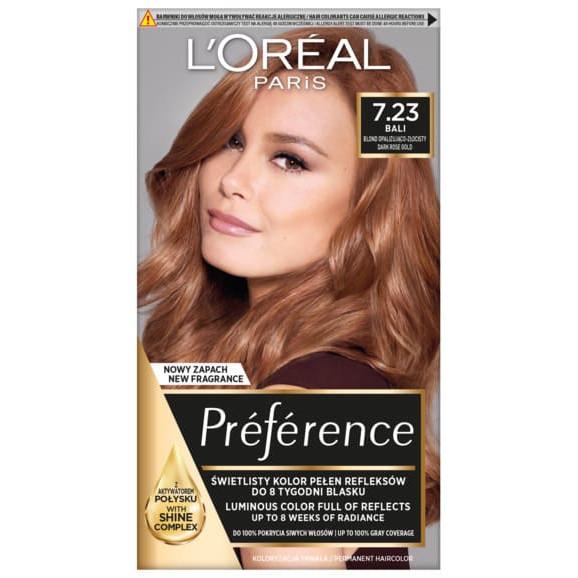 Farba do włosów L’Oréal Paris Preference, 7.23 Bali BLOND OPALIZUJĄCO-ZŁOCISTY, 1 szt. Farba do włosów L’Oréal Paris Preference, 7.23 Bali BLOND OPALIZUJĄCO-ZŁOCISTY, 1 szt. - zdjęcie produktu
