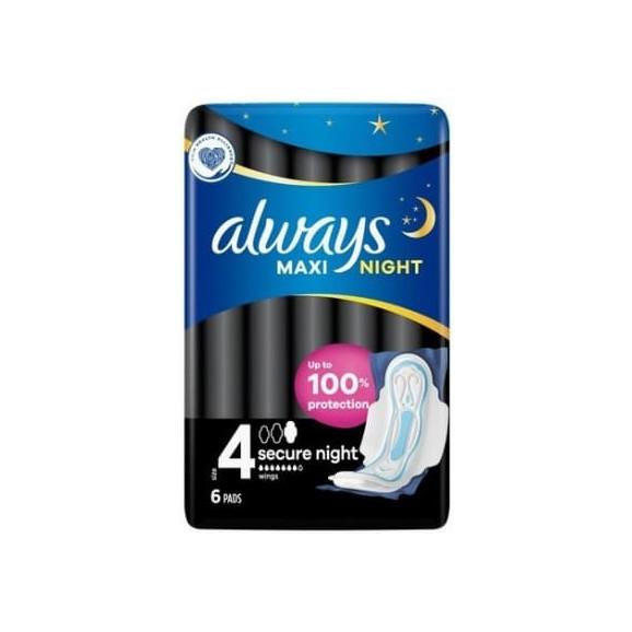 Podpaski ze skrzydełkami, Always Maxi Secure Night, rozmiar 4, 6 szt. Podpaski ze skrzydełkami, Always Maxi Secure Night, rozmiar 4, 6 szt. - zdjęcie produktu