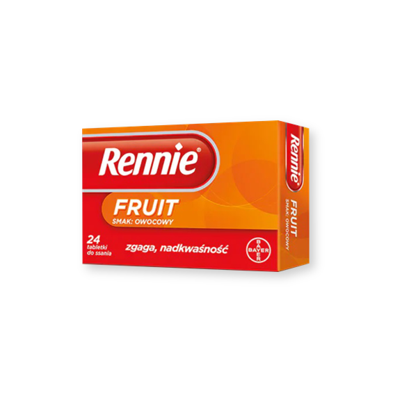 Rennie Fruit, 680 mg + 80 mg, tabletki do ssania, smak owocowy, 24 szt. Rennie Fruit, 680 mg + 80 mg, tabletki do ssania, smak owocowy, 24 szt. - zdjęcie produktu