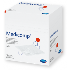 Kompres włóknisty jałowy Medicomp, 4 warstwowe, 10 cm x 10 cm, 50 szt. - zdjęcie produktu