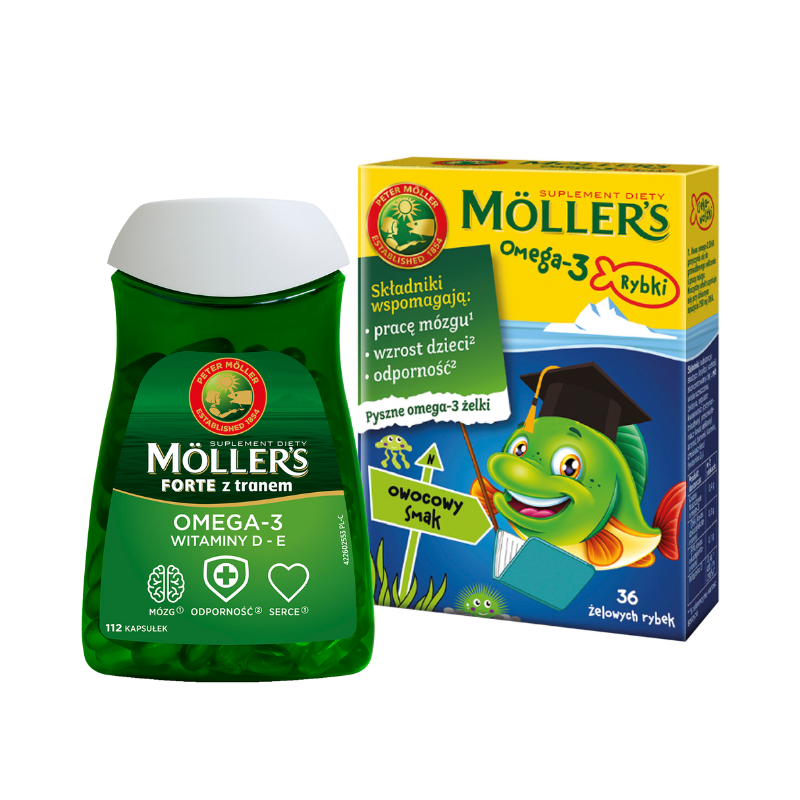 Zestaw Moller's Forte z tranem, kapsułki, 112 szt. + Moller's Omega-3 Rybki, owocowe, 36 szt.