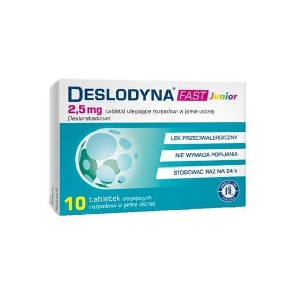 Deslodyna Fast Junior 2,5mg, tabletki ulegające rozpadowi w jamie ustnej, 10 szt. Deslodyna Fast Junior 2,5mg, tabletki ulegające rozpadowi w jamie ustnej, 10 szt. - zdjęcie produktu