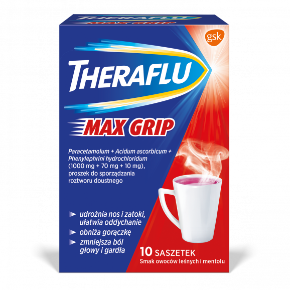 Theraflu Max Grip, 1000mg+70mg+10mg, proszek do sporządzania roztworu doustnego w saszetkach, 10 szt. Theraflu Max Grip, 1000mg+70mg+10mg, proszek do sporządzania roztworu doustnego w saszetkach, 10 szt. - zdjęcie produktu