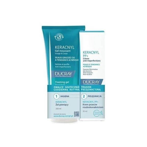 Ducray Keracnyl, żel pieniący 200 ml + krem PP+ 30 ml, zestaw, 1 szt. Ducray Keracnyl, żel pieniący 200 ml + krem PP+ 30 ml, zestaw, 1 szt. - zdjęcie produktu