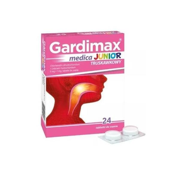 Gardimax Medica Junior truskawkowy, tabletki do ssania, 24 szt. Gardimax Medica Junior truskawkowy, tabletki do ssania, 24 szt. - zdjęcie produktu