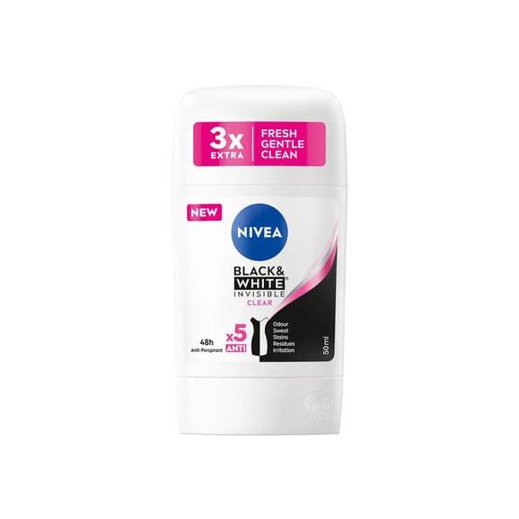 Nivea Black & White Invisible Clear, antyperspirant w sztyfcie dla kobiet, 50 ml Nivea Black & White Invisible Clear, antyperspirant w sztyfcie dla kobiet, 50 ml - zdjęcie produktu