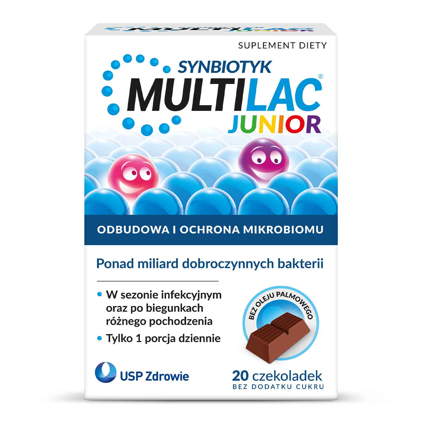 Multilac Junior Synbiotyk, czekoladki bez cukru, 20 szt.