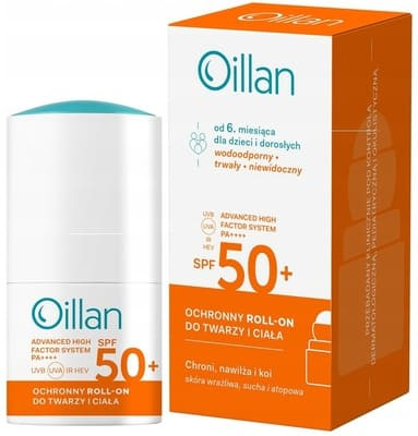 Oillan, ochronny roll-on do twarzy i ciała, SPF 50, skóra wrażliwa, 50 ml
