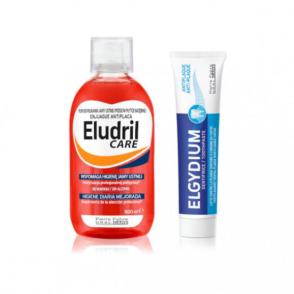 Zestaw Elgydium Anti Plaque, pasta do zębów, antybakteryjna, 75 ml + EludrilCare, płyn do płukania jamy ustnej, 500 ml Zestaw Elgydium Anti Plaque, pasta do zębów, antybakteryjna, 75 ml + EludrilCare, płyn do płukania jamy ustnej, 500 ml - zdjęcie produktu