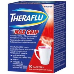 Theraflu Max Grip 1000 mg + 70 mg + 10 mg, proszek do sporządzania roztworu doustnego, smak owoców jagodowych i mentolu, sasze - zdjęcie produktu
