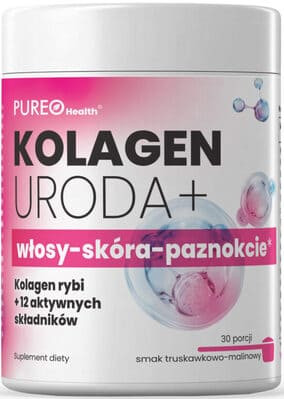 Pureo Health Kolagen Uroda+ włosy-skóra-paznokcie, smak truskawka i malina, proszek, 129 g