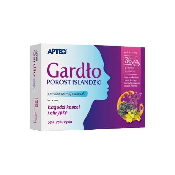 Apteo Gardło Porost Islandzki, smak czarnej porzeczki, pastylki do ssania, 36 szt. Apteo Gardło Porost Islandzki, smak czarnej porzeczki, pastylki do ssania, 36 szt. - zdjęcie produktu