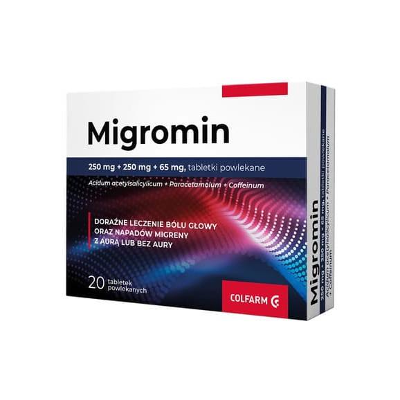 Migromin 250 mg + 250 mg + 65 mg, tabletki, 20 szt. Migromin 250 mg + 250 mg + 65 mg, tabletki, 20 szt. - zdjęcie produktu