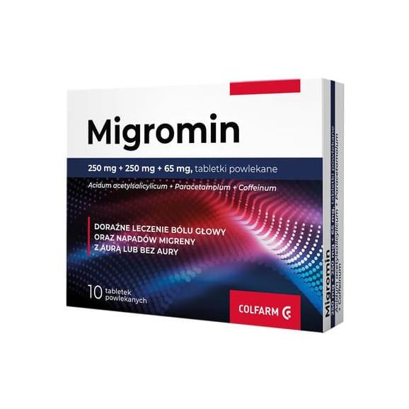 Migromin 250 mg + 250 mg + 65 mg, tabletki, 10 szt. Migromin 250 mg + 250 mg + 65 mg, tabletki, 10 szt. - zdjęcie produktu