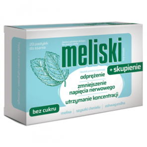 Meliski + skupienie, smak cytrynowo–ziołowy, pastylki do ssania, 20 szt. - zdjęcie produktu