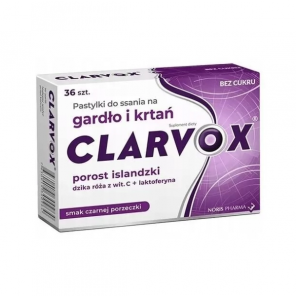 Clarvox Porost Islandzki, gardło i krtań, smak czarnej porzeczki, pastylki do ssania, 36 szt. - zdjęcie produktu