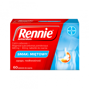 Rennie Antacidum, 680 mg+80 mg, tabletki do ssania, smak miętowy, 60 szt. - zdjęcie produktu
