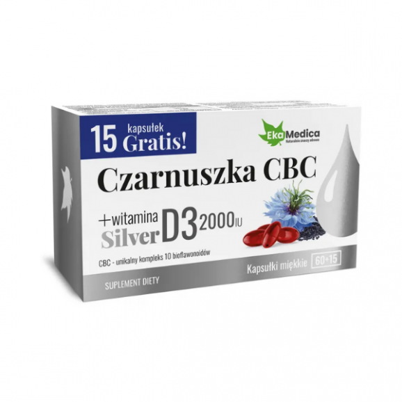 EkaMedica Czarnuszka CBC Silver + Witamina D3 2000 IU, kapsułki, 75 szt. EkaMedica Czarnuszka CBC Silver + Witamina D3 2000 IU, kapsułki, 75 szt. - zdjęcie produktu
