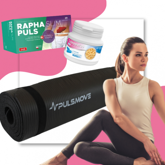 Zestaw Mata 15mm Yoga Mat PULSMOVE + Activlab Pharma Osteoperos 1000, kapsułki, 100szt. + Raphaslim Puls, 30 tabletek - zdjęcie produktu