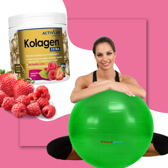 Zestaw PULSMOVE Piłka rehabilitacyjna do siedzenia i masażu + ActivLab Pharma Kolagen Extra, truskawka-malina, 300g - zdjęcie produktu