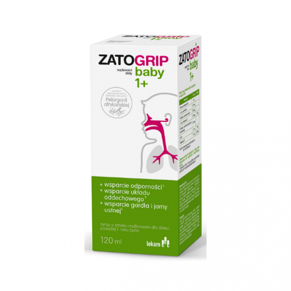 Zatogrip Baby 1+, syrop o smaku malinowym, 120ml Zatogrip Baby 1+, syrop o smaku malinowym, 120ml - zdjęcie produktu