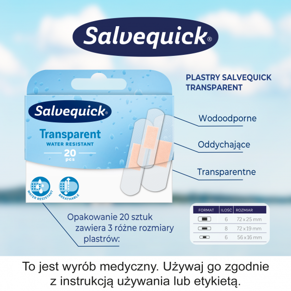 Salvequick Transparent Water Resistant, plastry opatrunkowe, 20 szt. - zdjęcie produktu