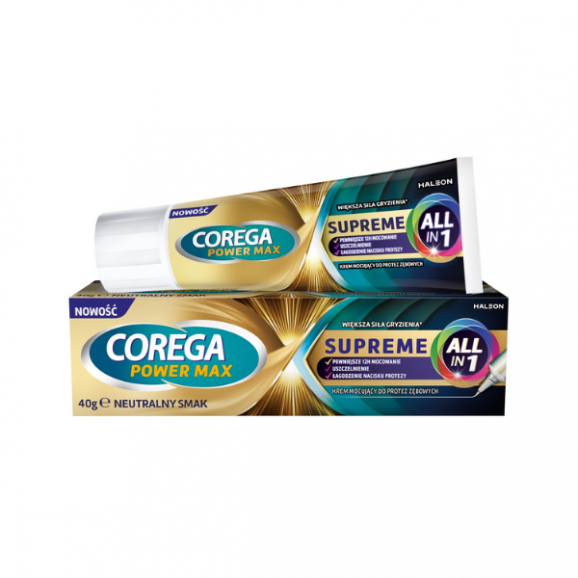 Corega Power Max Supreme All-In 1 Neutralny Smak, krem mocujący do protez zębowych, 40 g Corega Power Max Supreme All-In 1 Neutralny Smak, krem mocujący do protez zębowych, 40 g - zdjęcie produktu