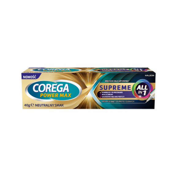 Corega Power Max Supreme All-In 1 Neutralny Smak, krem mocujący do protez zębowych, 40 g Corega Power Max Supreme All-In 1 Neutralny Smak, krem mocujący do protez zębowych, 40 g - zdjęcie produktu