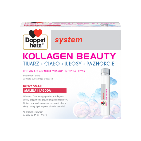 Doppelherz System Kollagen Beauty, smak malina i jagoda, ampułka 25 ml, 30 szt.