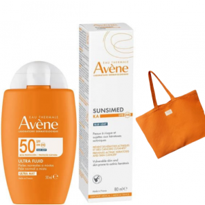 Zestaw Avene SPF 50+: Ultra Fluid + Sunsimed KA + Torba Gratis. Ochrona UV, światło niebieskie, skóra wrażliwa, anti-age, ma - zdjęcie produktu