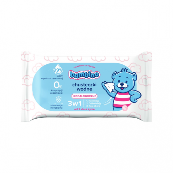 Bambino, chusteczki wodne, hipoalergiczne, 3w1, 57 szt. Bambino, chusteczki wodne, hipoalergiczne, 3w1, 57 szt. - zdjęcie produktu