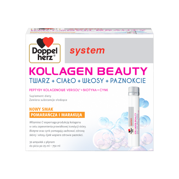 Doppelherz System Kollagen Beauty, smak pomarańcza i marakuja, ampułka 25 ml, 30 szt.